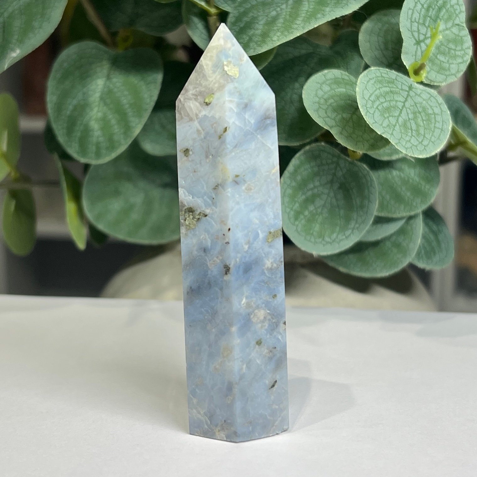 denim lapis tower g 9cm Denim lapis tower G 9cm, pale blue with gold pyrite flecks