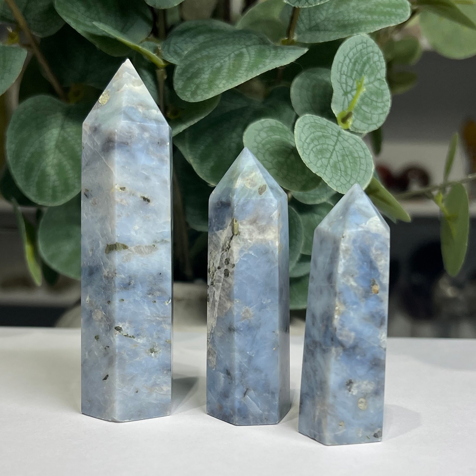 denim lapis towers group Three denim lapis towers in pale periwinkle blue with gold pyrite, Mystic Grove