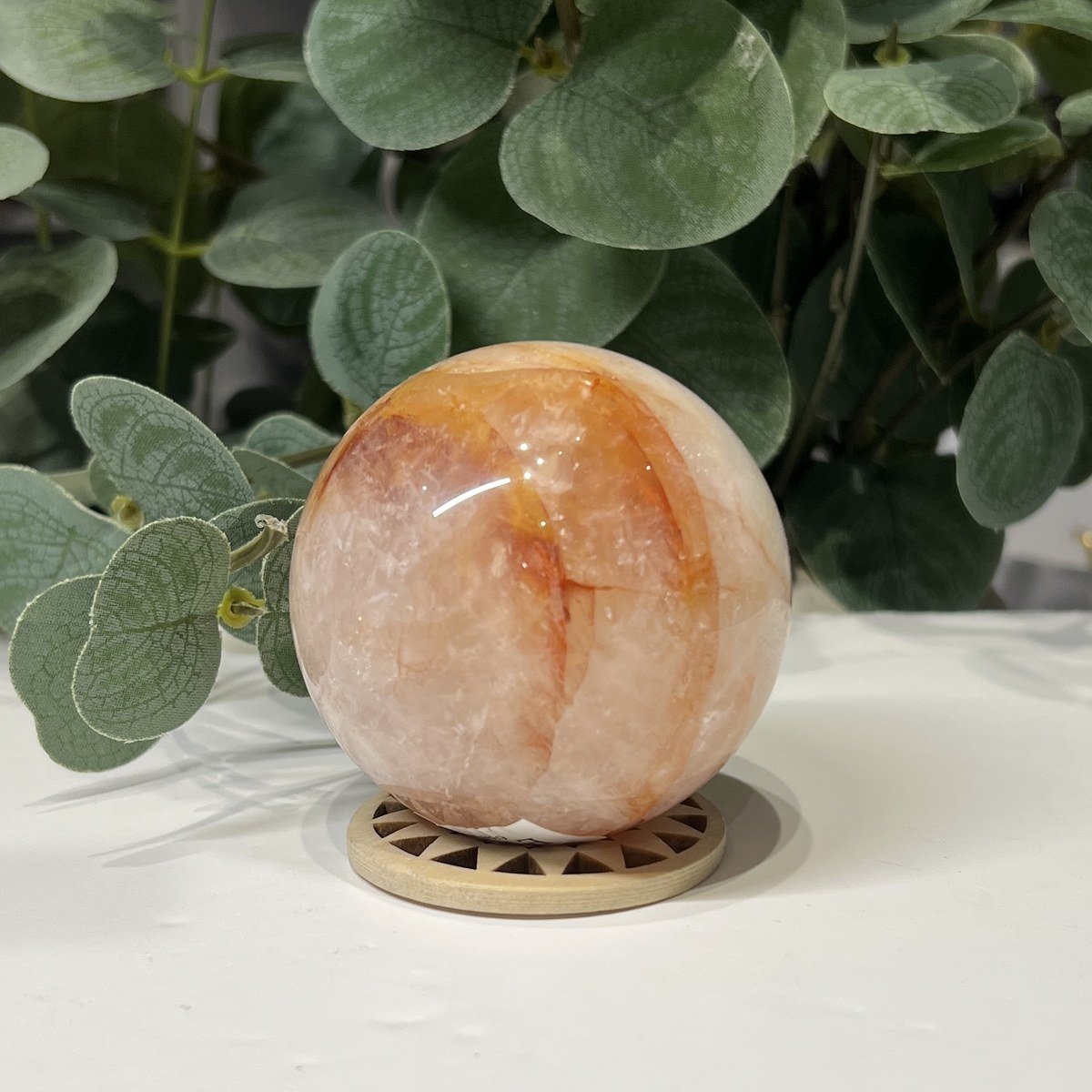 Hematoid quartz sphere E, 63mm, soft peach and orange fire quartz
