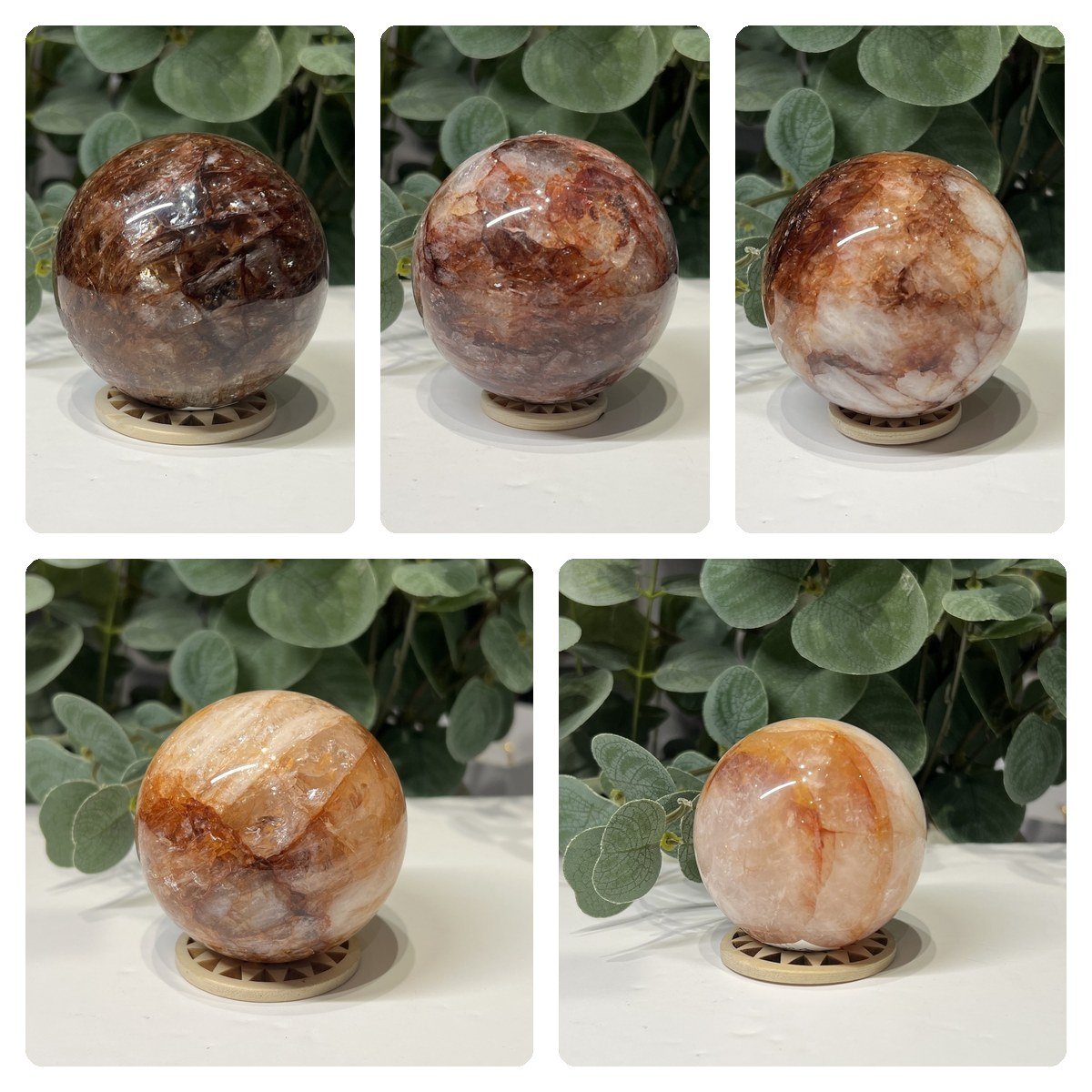 Hematoid quartz spheres A to E on wooden stands
