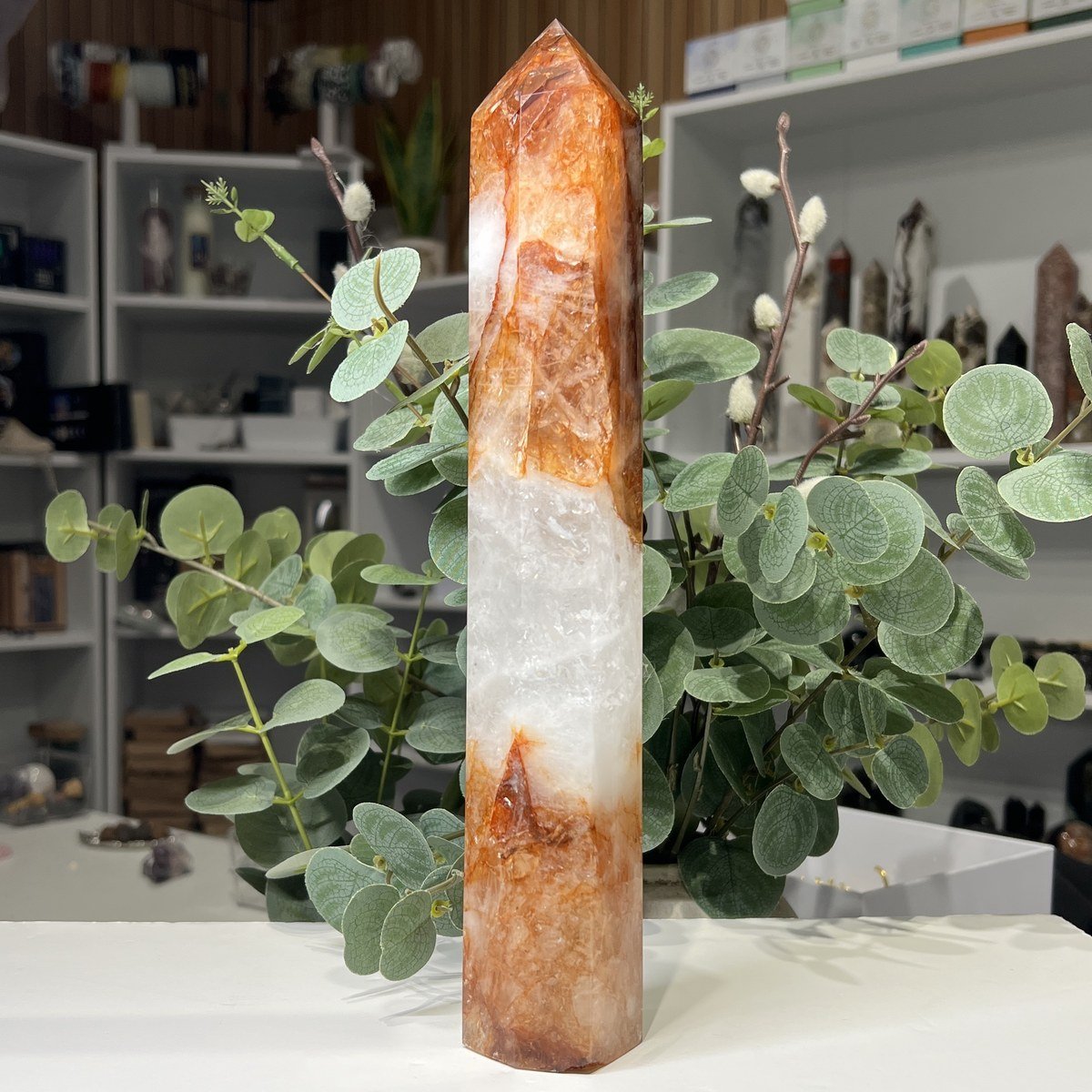Hematoid quartz tower A, 29cm, clear band with orange hematoid Hematoid quartz tower A, 29cm, clear band with orange hematoid