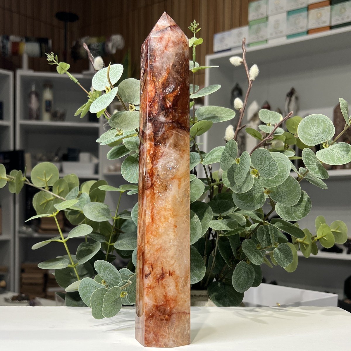 Hematoid quartz tower B, 27cm, deep red hematoid veining Hematoid quartz tower B, 27cm, deep red hematoid veining