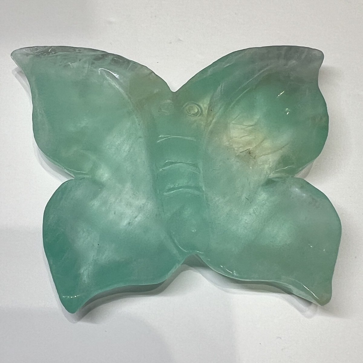 Fluorite butterfly trinket dish B, mint green with a pale yellow patch Fluorite butterfly trinket dish B, mint green with a pale yellow patch