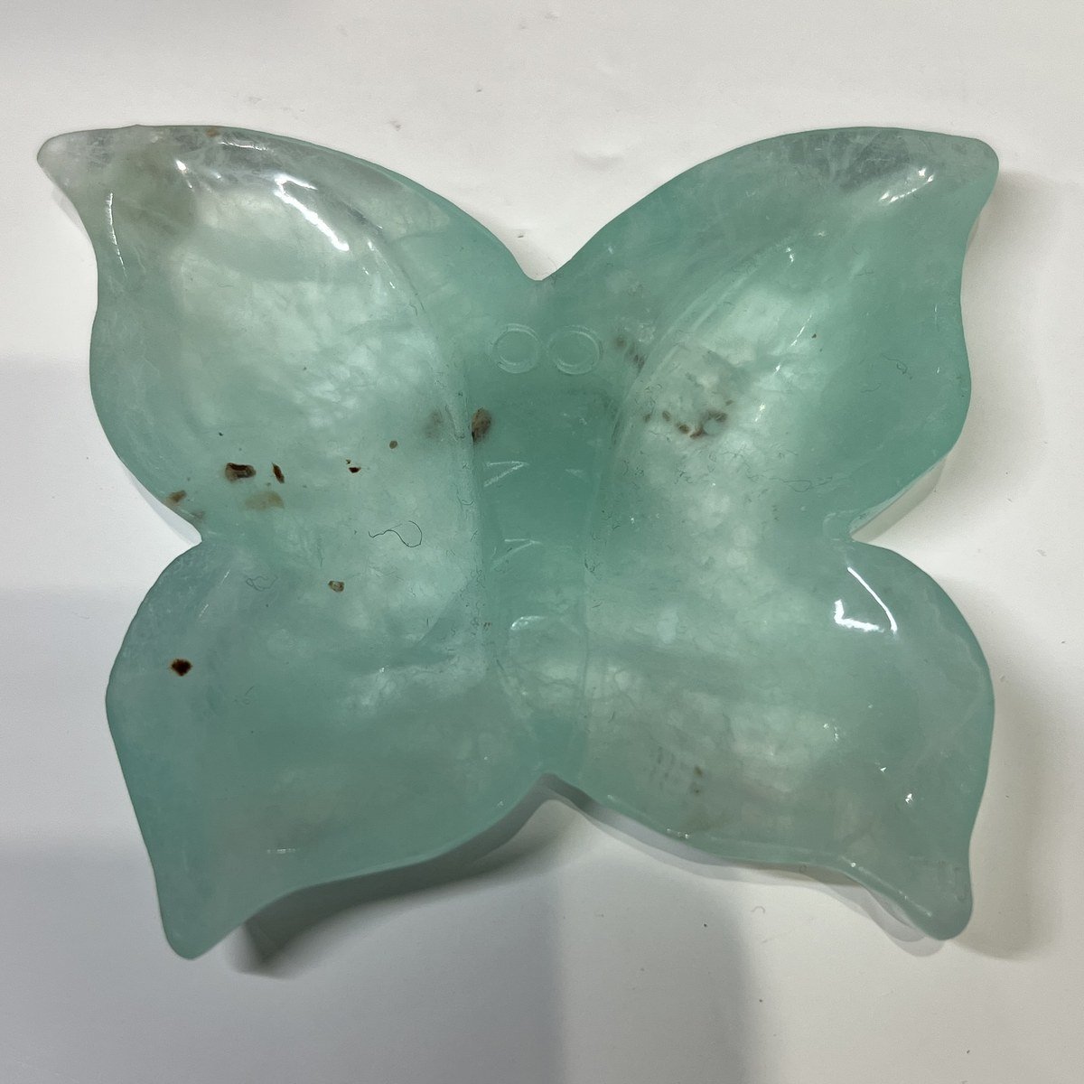 Fluorite butterfly trinket dish C, soft aqua with russet inclusions Fluorite butterfly trinket dish C, soft aqua with russet inclusions