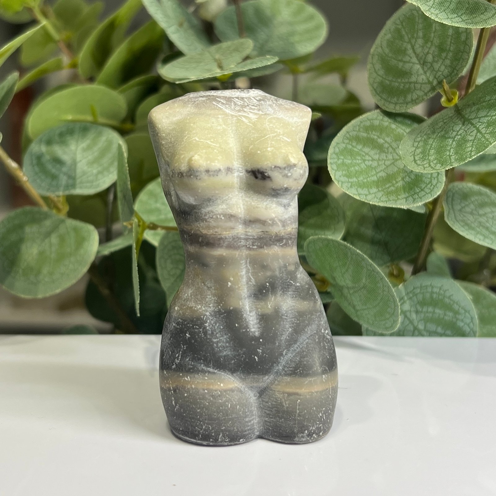 grey-calcite-mini-goddess-body-front grey calcite mini goddess body crystal carving 8cm, front view, Mystic Grove UK