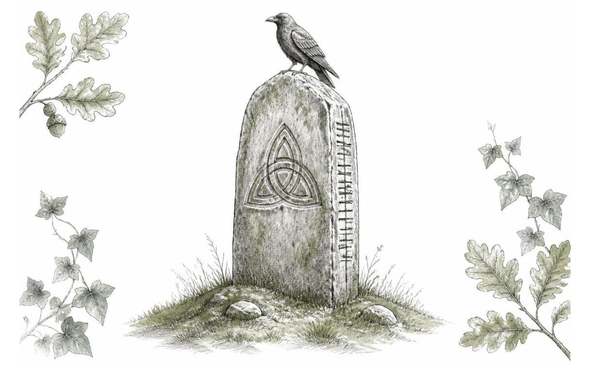Pencil and ink sketch of a standing stone carved with a triquetra and ogham, with a raven on top