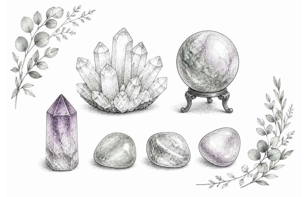 Pencil and ink sketch of a quartz cluster, amethyst point, crystal sphere and tumblestones