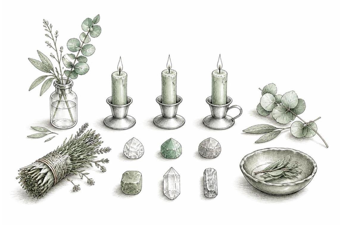 Pencil and ink sketch of three chime candles with crystals, dried herbs and a dish