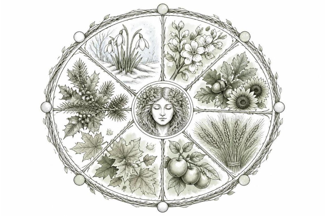 Pencil and ink sketch of a Wheel of the Year wreath with seasonal plants
