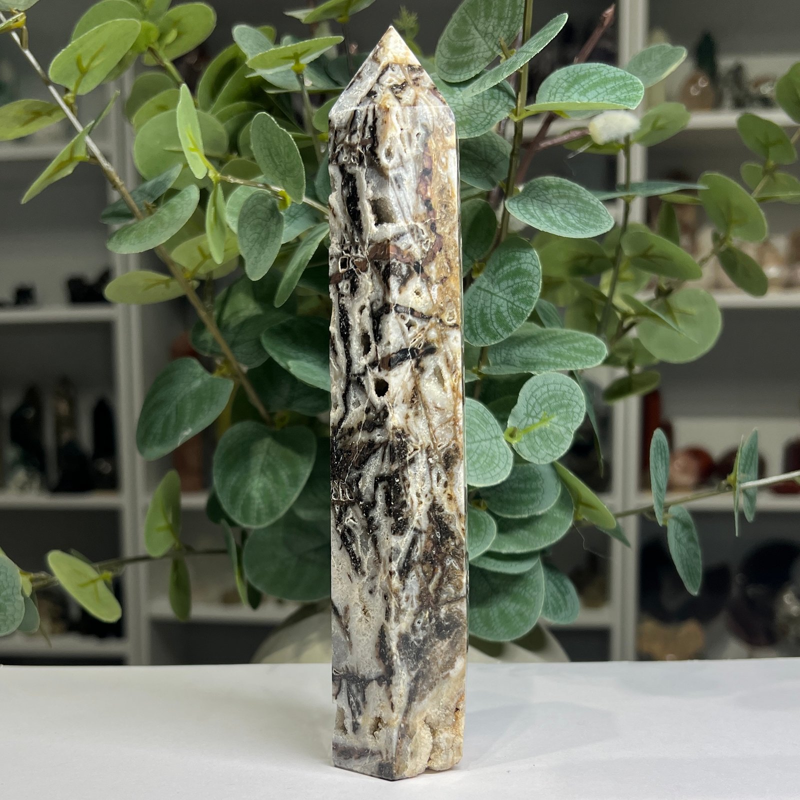Specularite quartz tower 20cm back view with dense black and brown specularite Specularite quartz tower 20cm back view with dense black and brown specularite