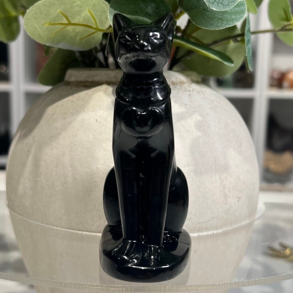 Black obsidian Bastet statue 10cm, Egyptian cat goddess carving, front view