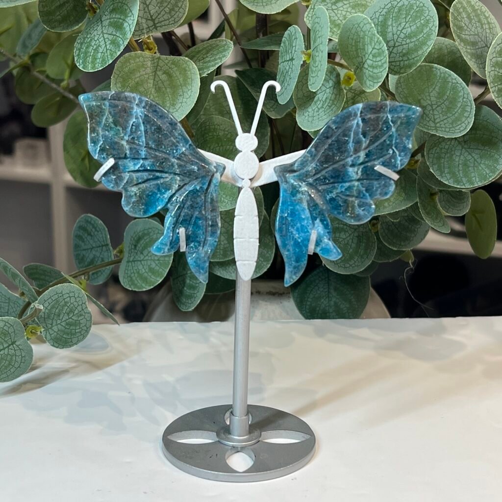 Blue apatite butterfly wings on stand