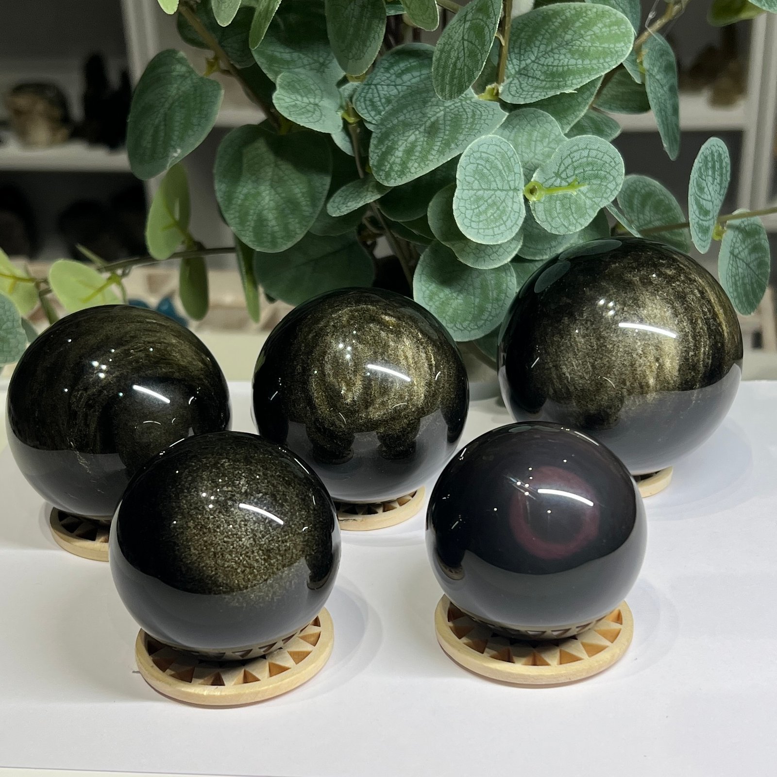 Gold sheen obsidian spheres and rainbow obsidian sphere grouped together, choose your sphere Gold sheen obsidian spheres and rainbow obsidian sphere grouped together, choose your sphere