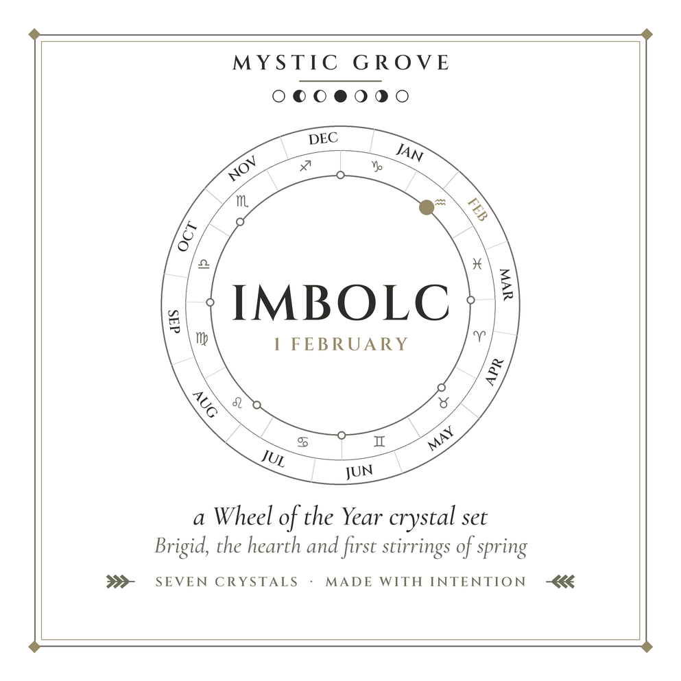 Imbolc Wheel of the Year crystal set card Imbolc Wheel of the Year crystal set card, front, showing Imbolc on 1 February