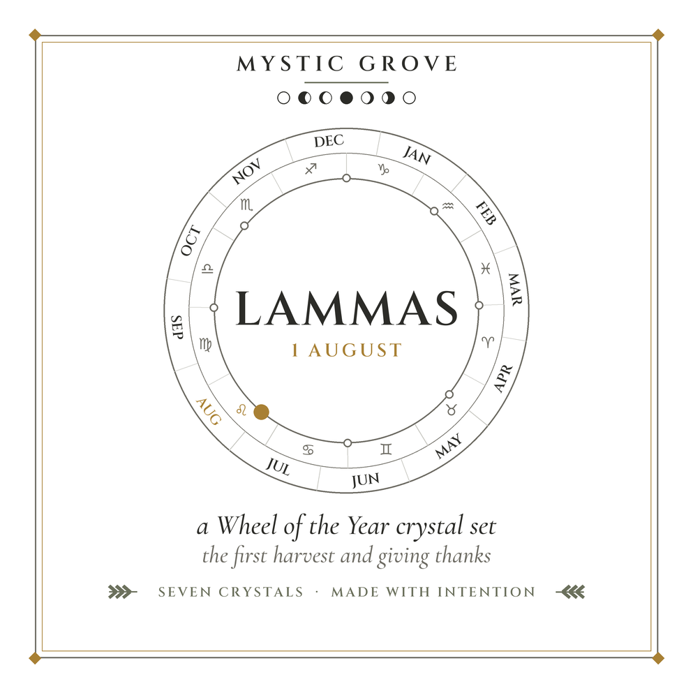 Lammas Wheel of the Year crystal set card Lammas Wheel of the Year crystal set card, front, showing Lammas on 1 August