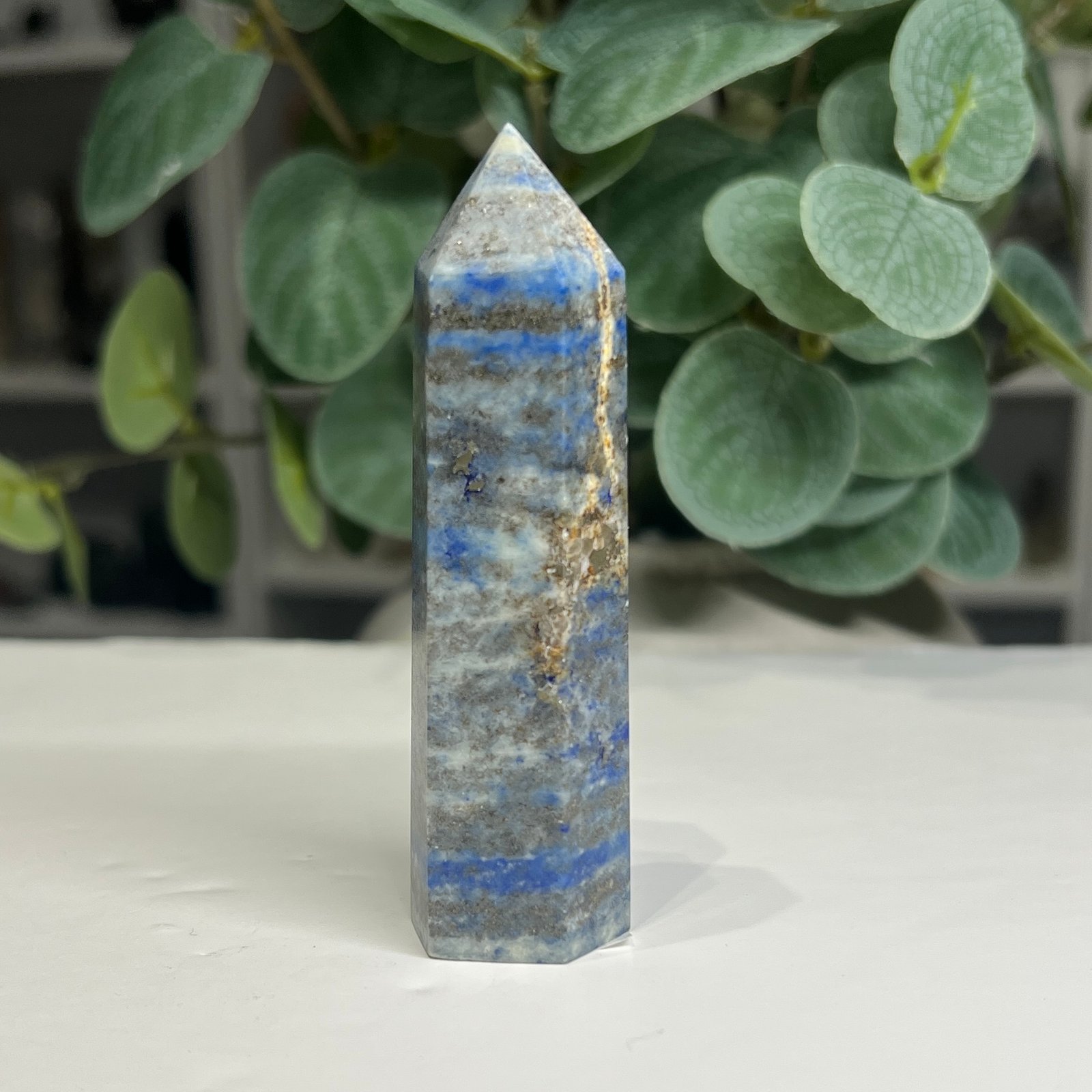lapis lazuli tower b 8cm Lapis lazuli tower B 8cm, soft denim blue banded with grey and pyrite