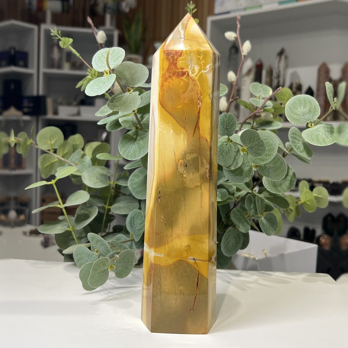 Large mookaite tower B, 24.5cm, golden mustard with red streaks Large mookaite tower B, 24.5cm, golden mustard with red streaks