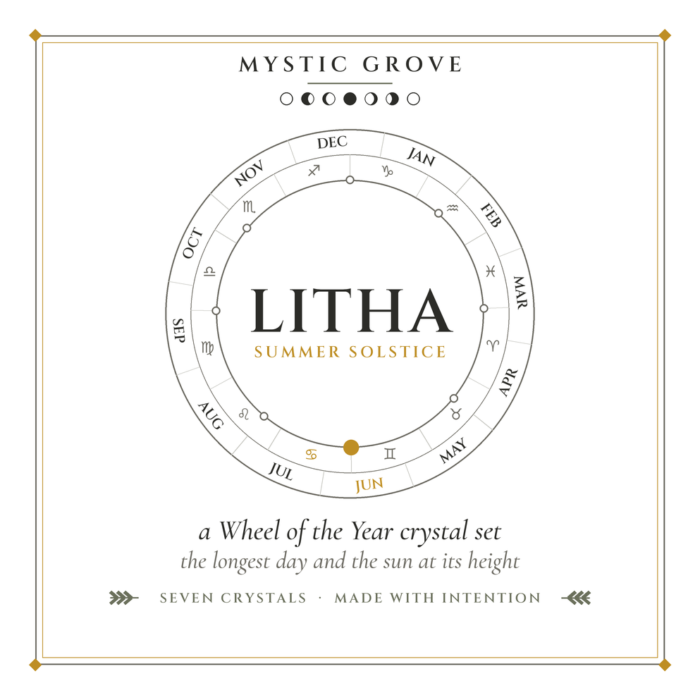 Litha Wheel of the Year crystal set card Litha Wheel of the Year crystal set card, front, showing the summer solstice