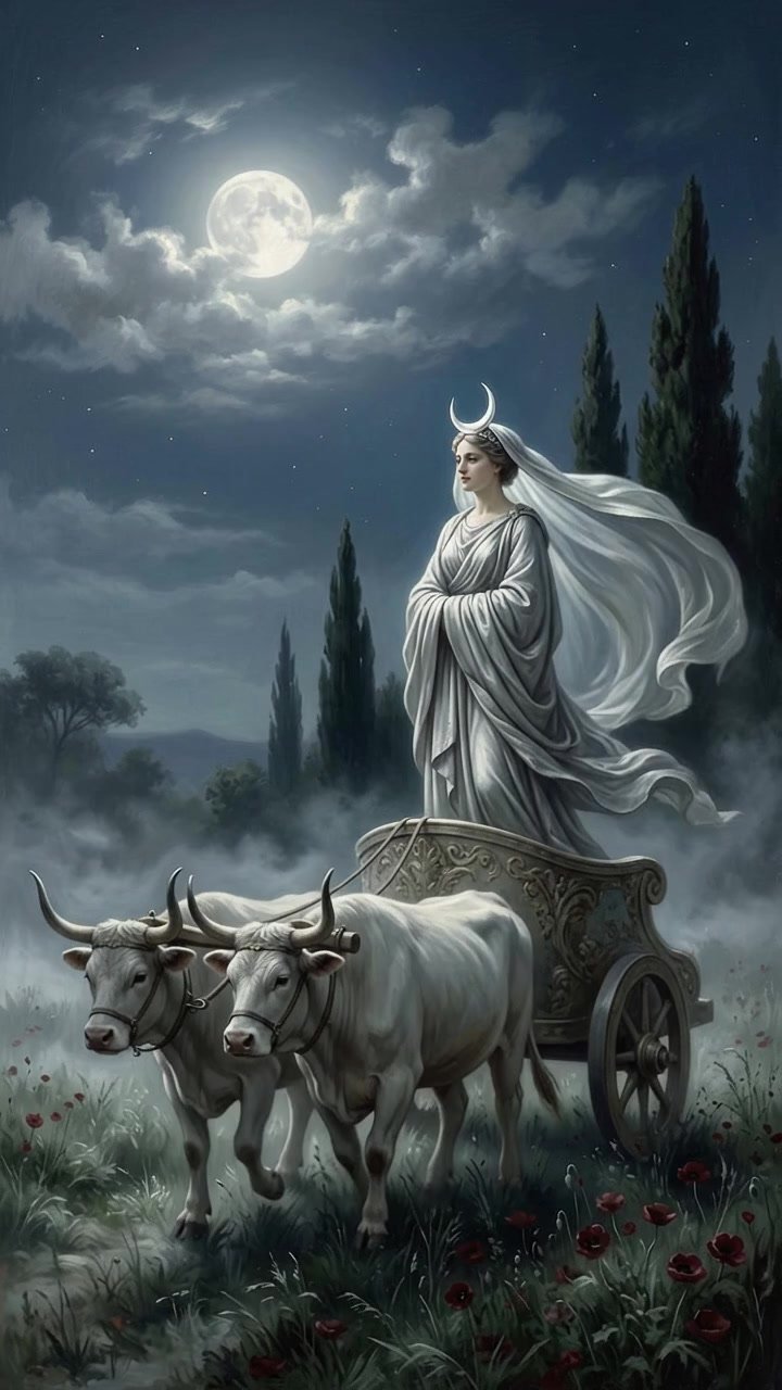 Painting of the Luna goddess crowned with a silver crescent, in silver robes and a veil, standing in a Roman chariot drawn by two white oxen among dark cypress trees and red poppies under a full moon