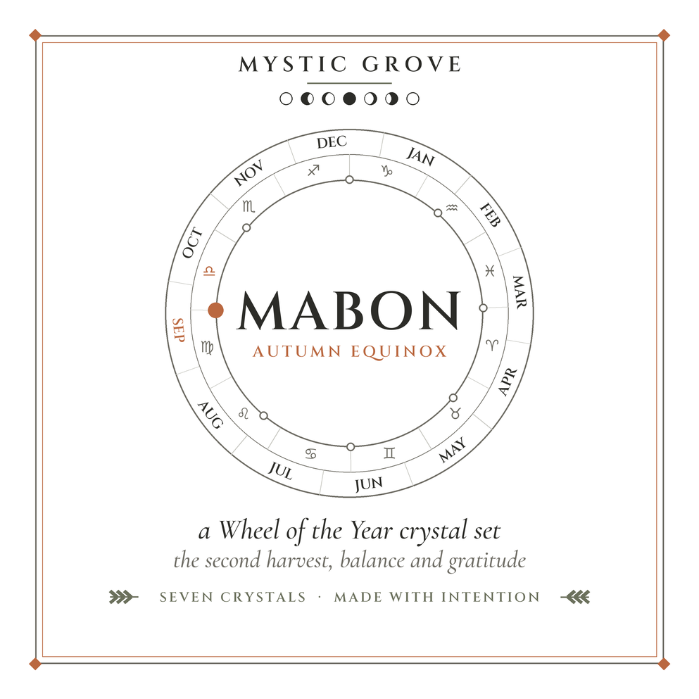 Mabon Wheel of the Year crystal set card Mabon Wheel of the Year crystal set card, front, showing the autumn equinox