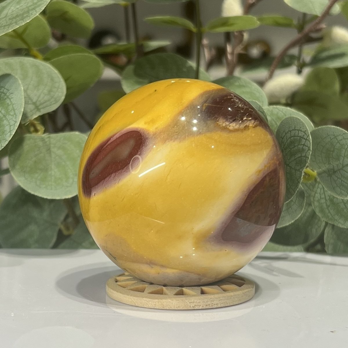 Mookaite Sphere Mookaite sphere D second side, mustard yellow swirled with burgundy