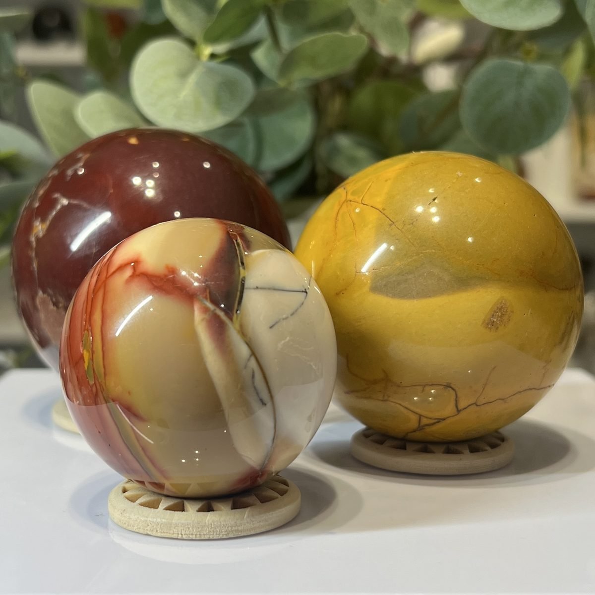 Mookaite spheres Mookaite spheres, a group of polished pieces together