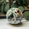 Moss agate sphere A, 65mm, creamy white with green moss and golden druzy