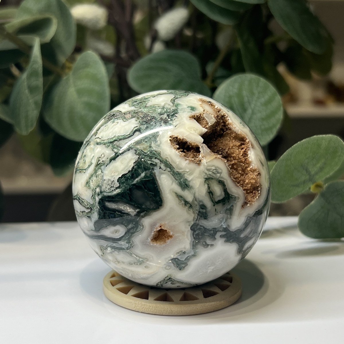 Moss agate sphere A, 65mm, creamy white with green moss and golden druzy
