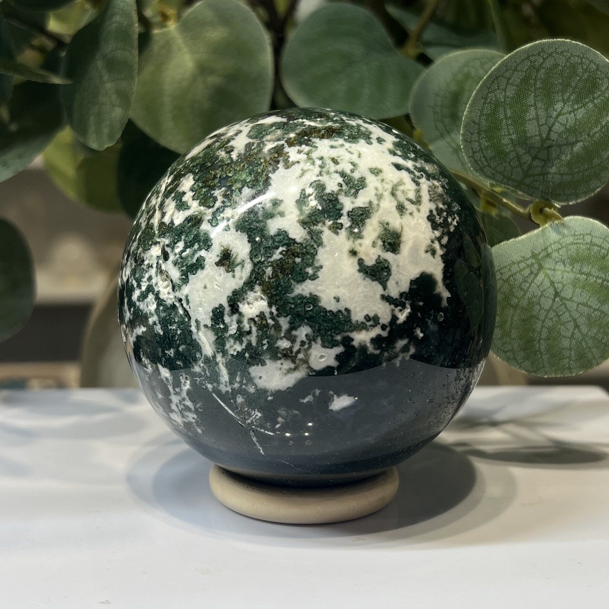 Moss agate sphere D, 76mm, green and white speckled