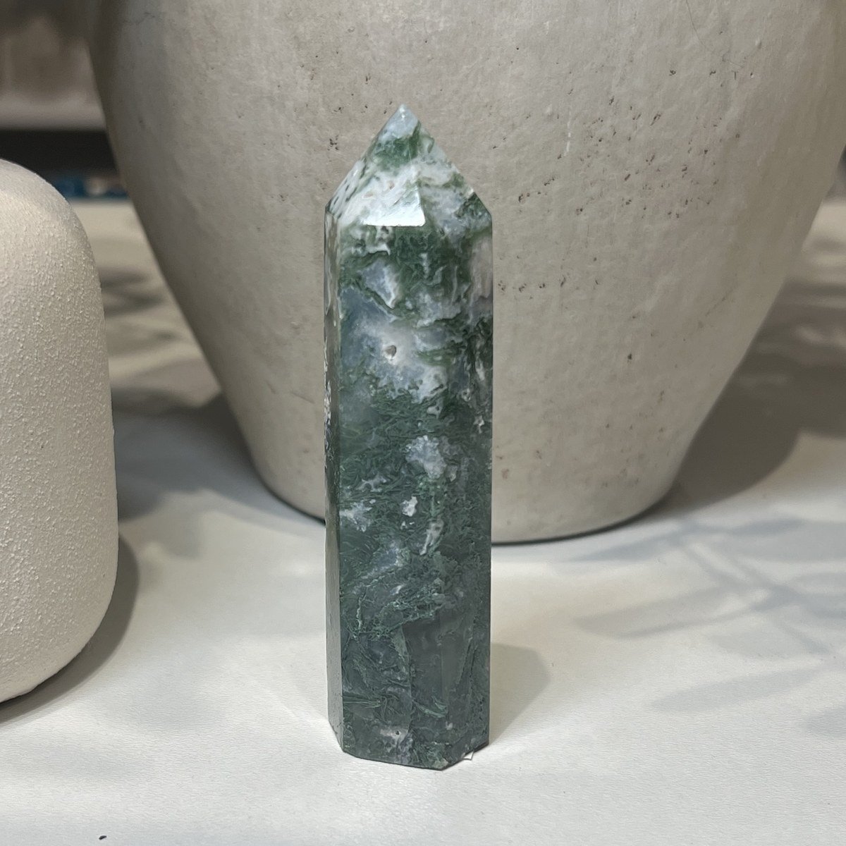 Moss Agate Tower Moss agate tower F, 10cm, sage green moss over pale agate