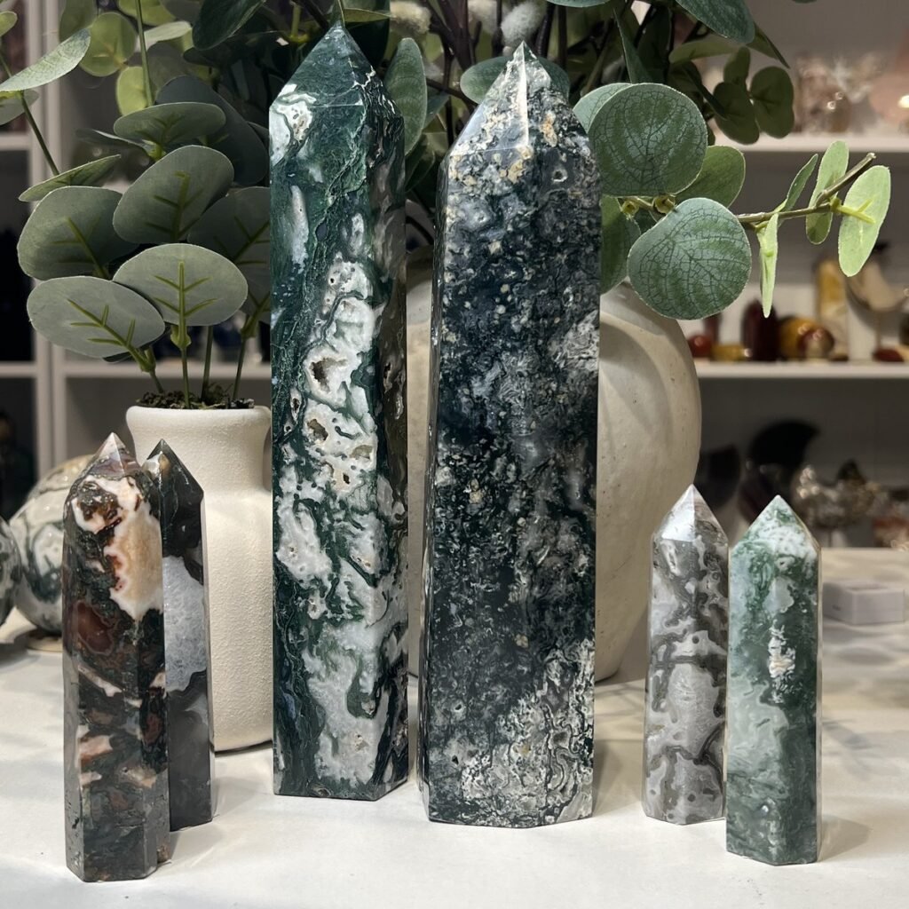 Six moss agate towers in green, grey and white