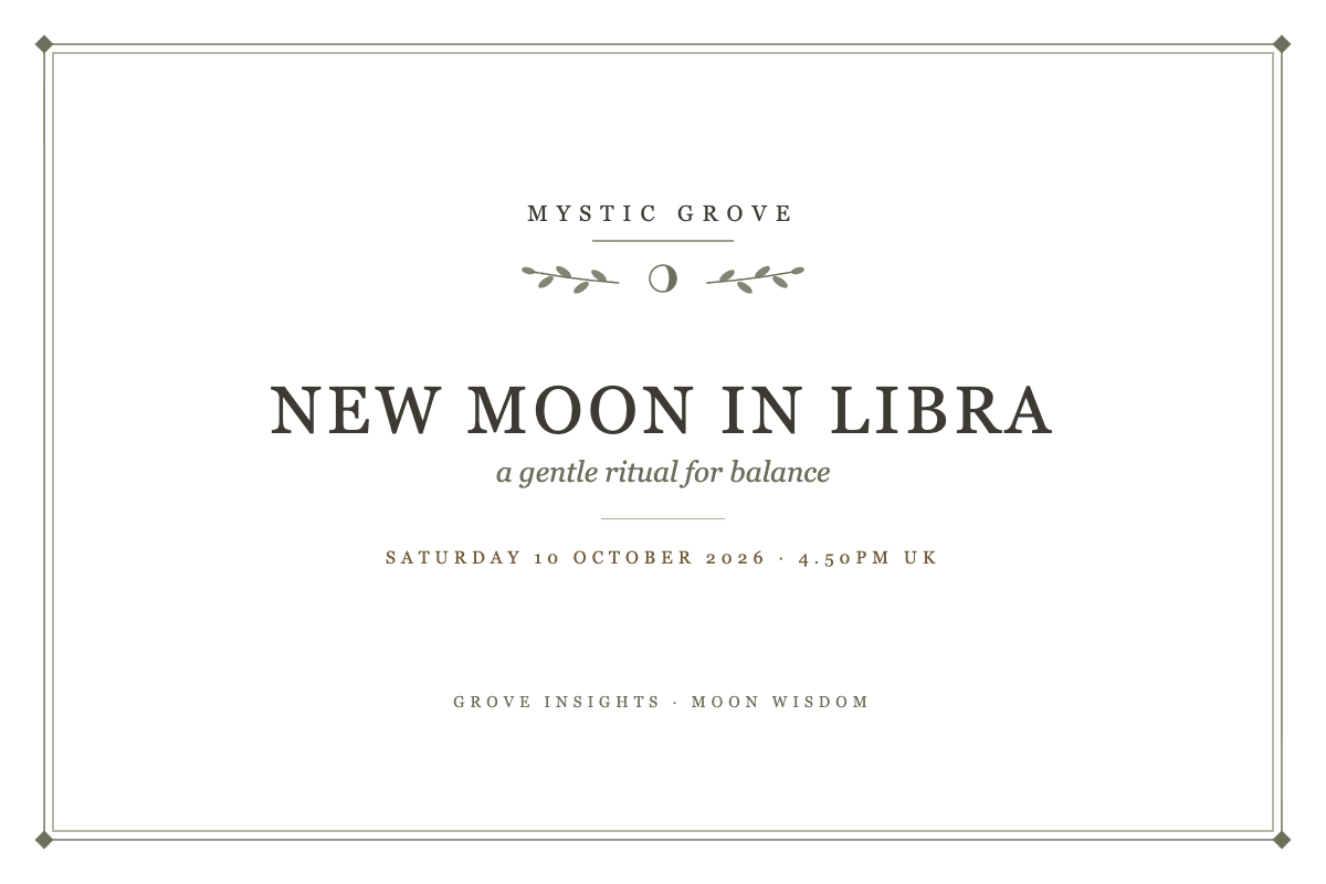 New Moon in Libra 2026: Saturday 10 October Ritual, Crystals and Grid 1 New Moon in Libra card for Saturday 10 October 2026 at 4.50pm UK time, Mystic Grove sage moon design