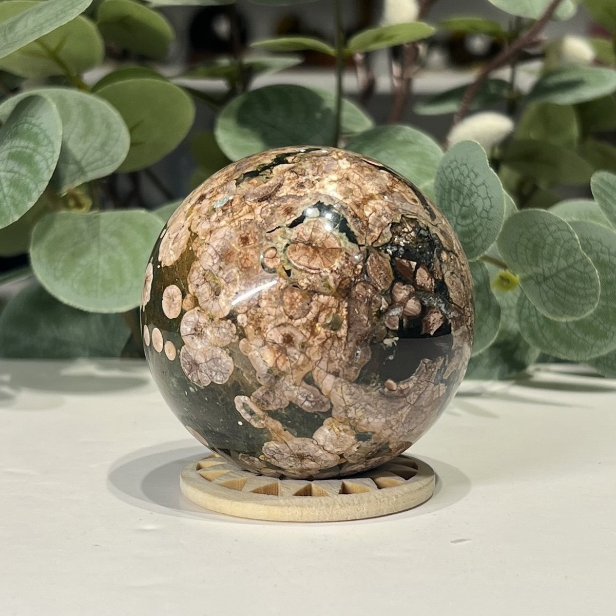 Ocean Jasper Sphere 63mm Ocean jasper sphere second side with denser peach and cream orbs