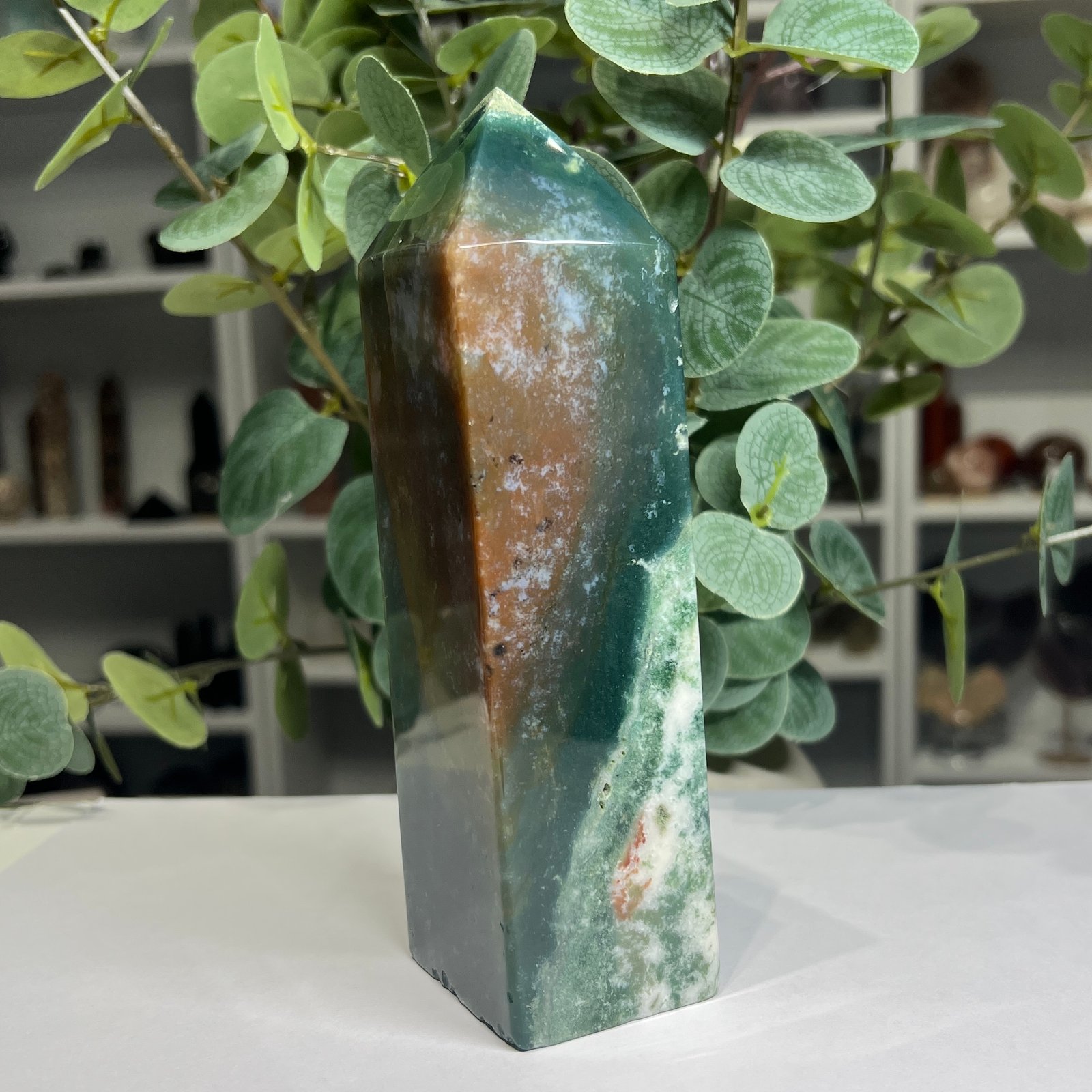 ocean jasper tower a 17cm 2 Ocean jasper tower A 17cm, rust and sea green with white druzy seam
