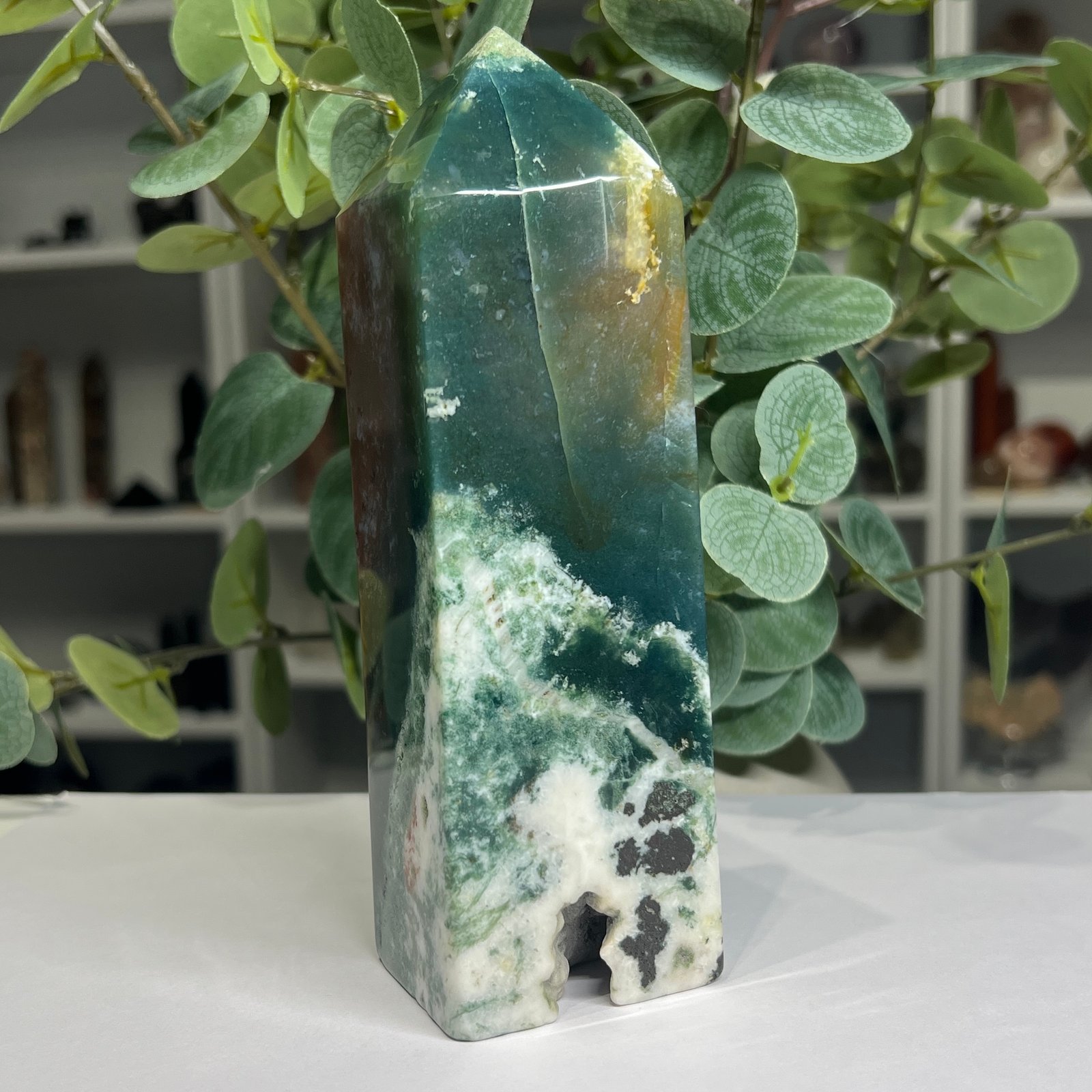 ocean jasper tower a 17cm 3 Ocean jasper tower A 17cm, deep teal and white patterning with a sparkling pocket at the base
