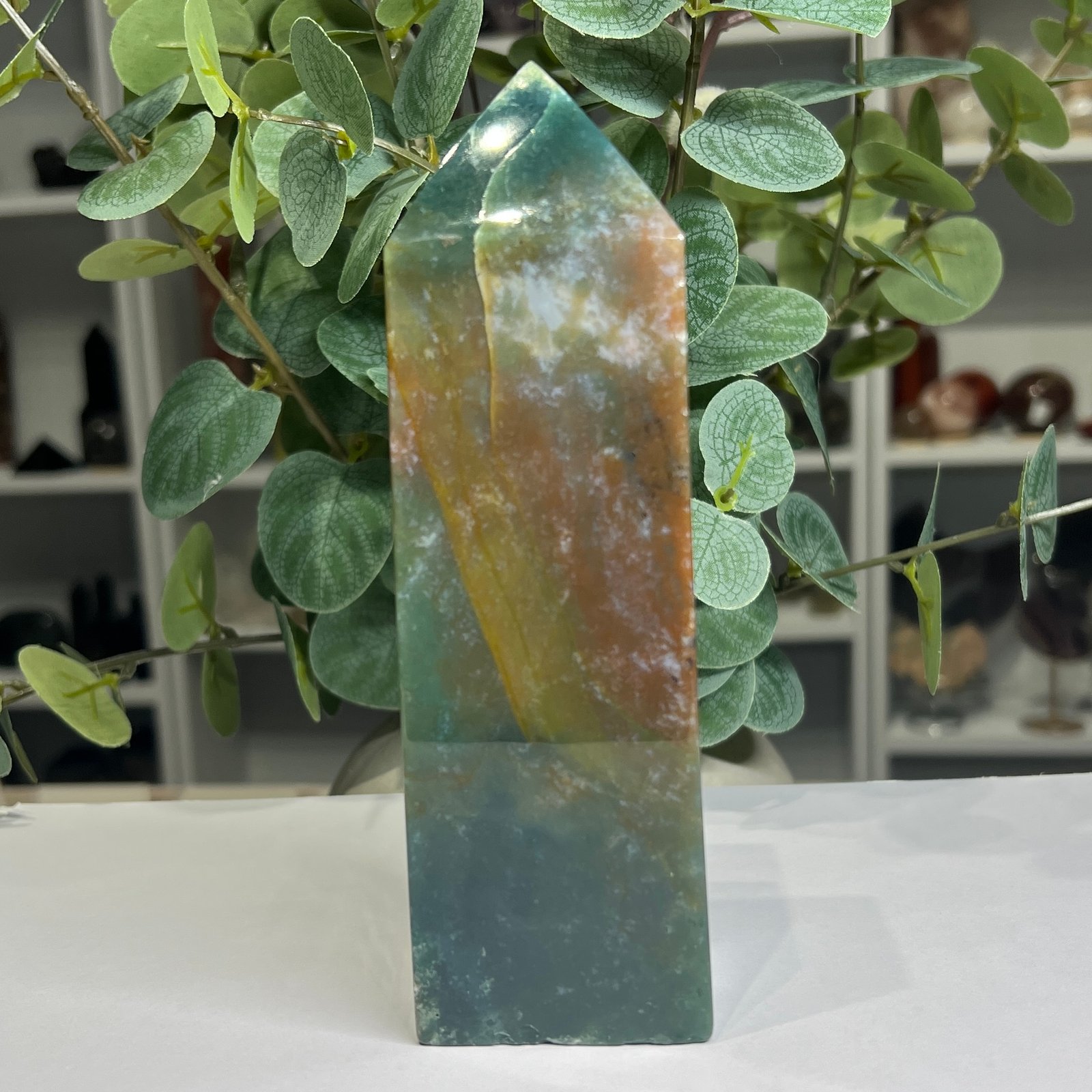 ocean jasper tower a 17cm Ocean jasper tower A 17cm, teal green with peach and golden bands