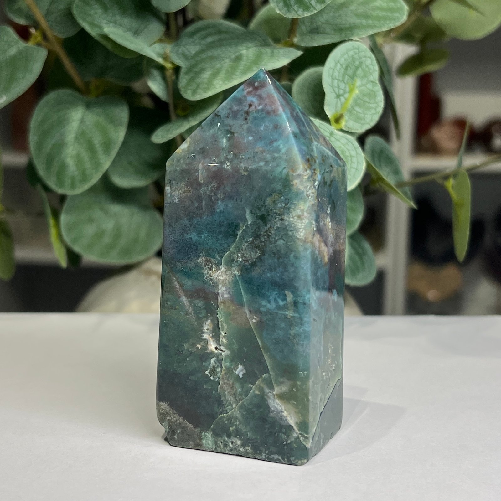ocean jasper tower b 9cm Ocean jasper tower B 9cm, teal and purple with small sparkling pockets
