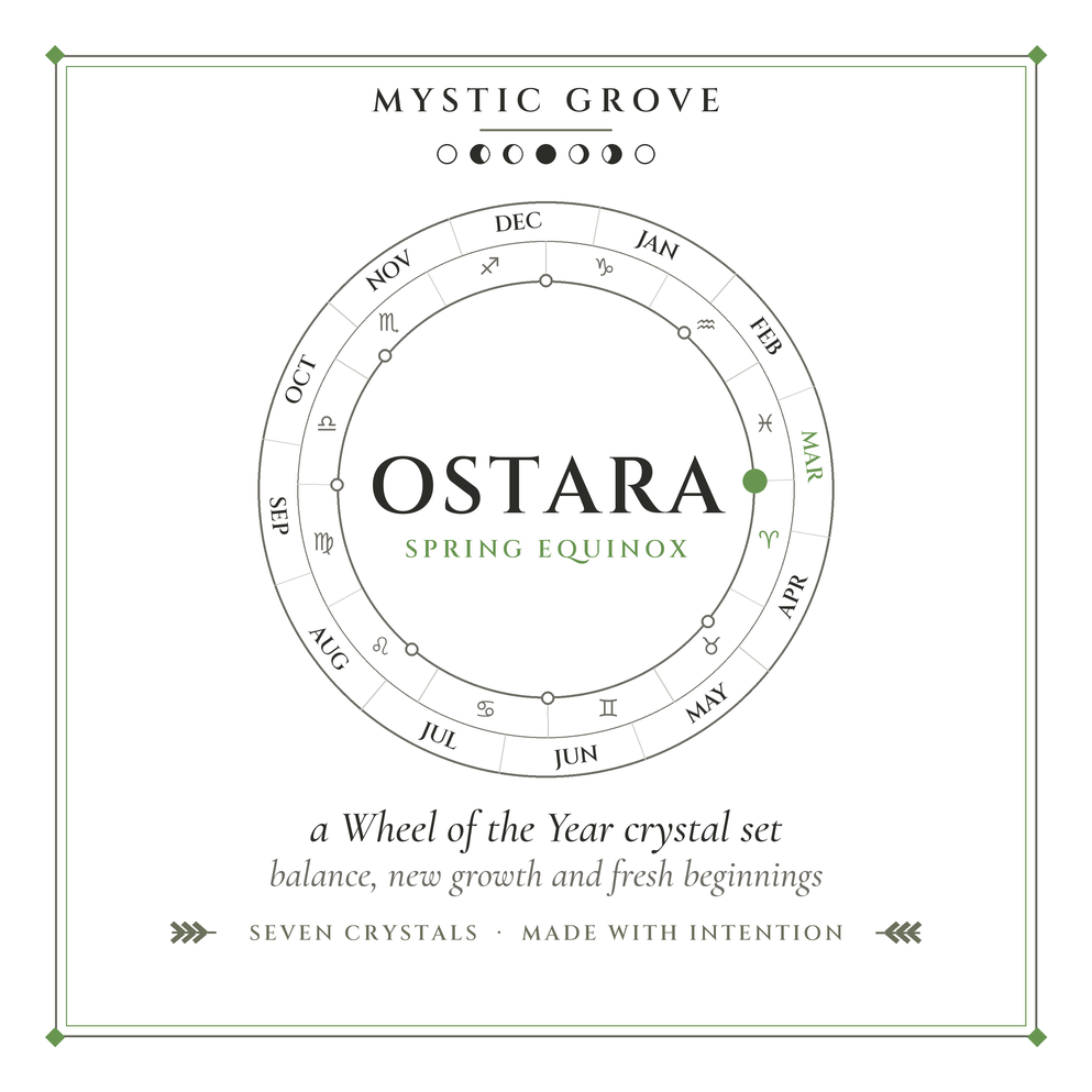 Ostara Wheel of the Year crystal set card Ostara Wheel of the Year crystal set card, front, showing the spring equinox