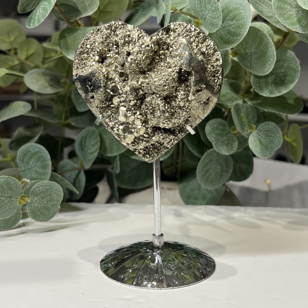 Pyrite heart on stand, golden druzy front