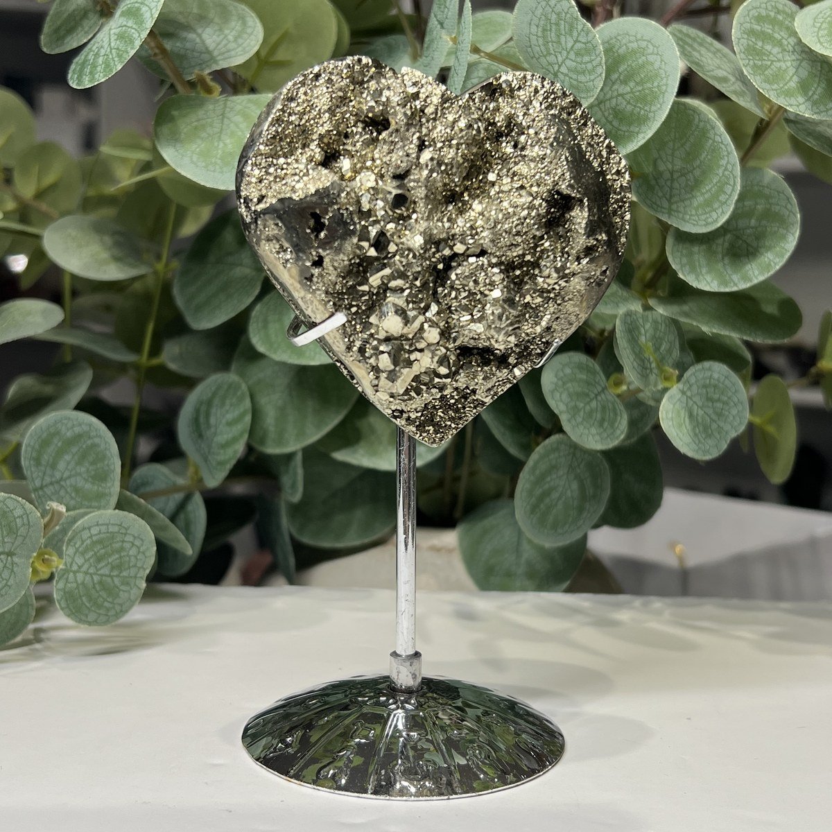 Pyrite heart on stand, cubic pyrite crystals Pyrite heart on stand, cubic pyrite crystals