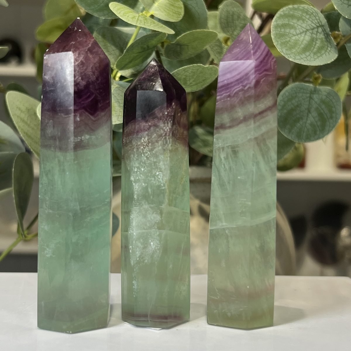Rainbow fluorite towers Rainbow fluorite towers, a group of polished pieces together