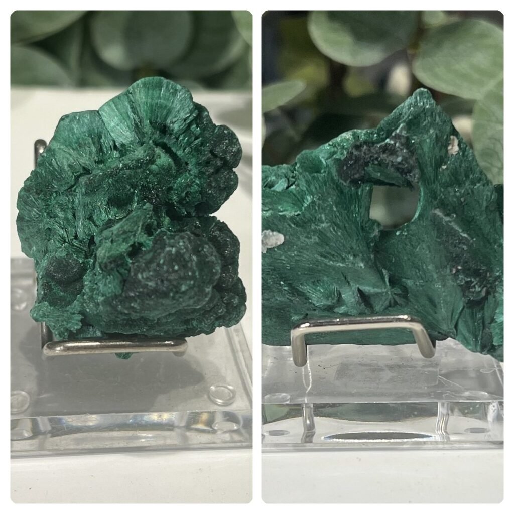 Raw malachite specimen 4.5cm on a clear acrylic stand, velvety deep green fibres, Mystic Grove UK