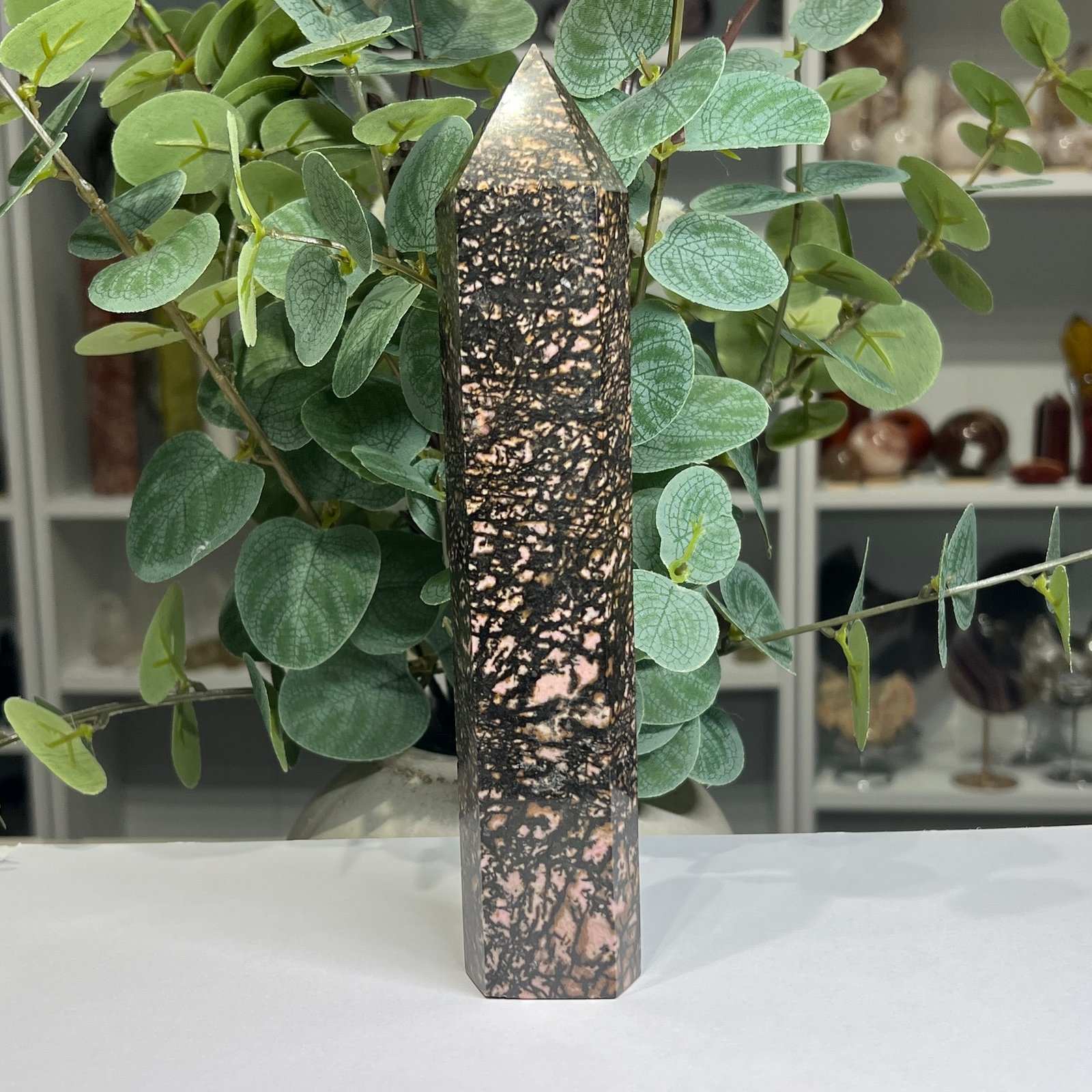 rhodonite tower d 19cm Large rhodonite tower D 19cm, black dendrite veining through rose pink and peach