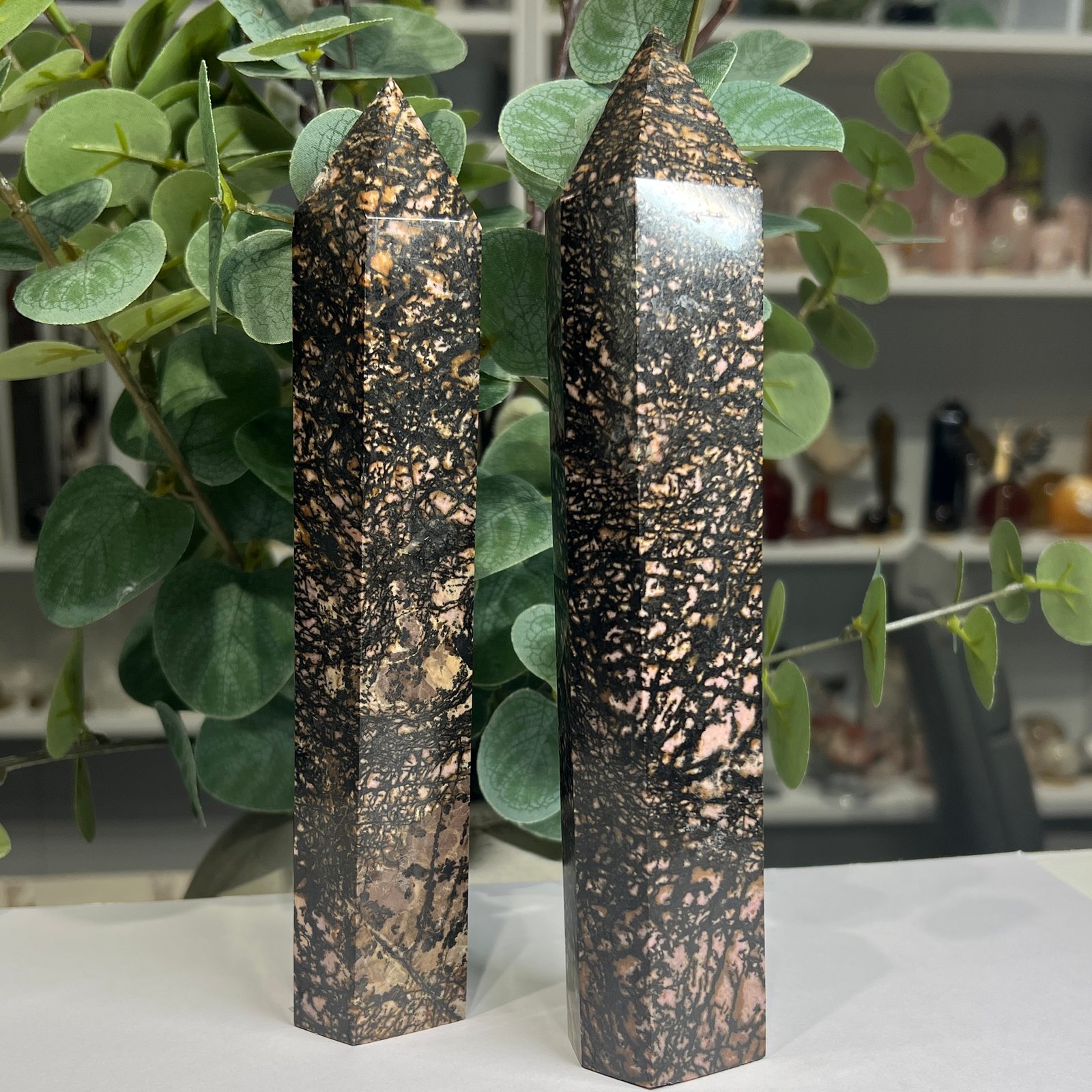 rhodonite towers large pair 19cm 2 Pair of large rhodonite towers 19cm showing pink, peach and black patterning