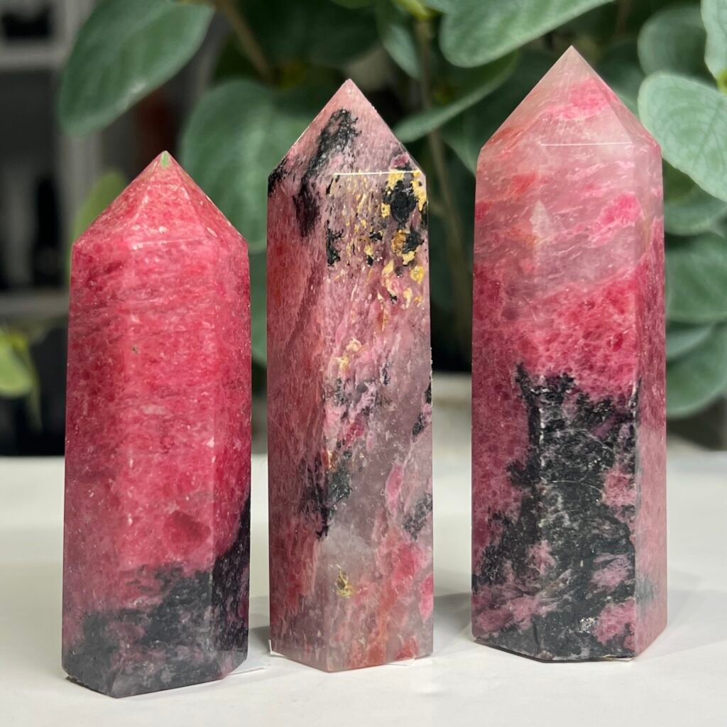 Three small rhodonite towers 6cm to 8cm, rose pink rhodonite with black manganese, Mystic Grove