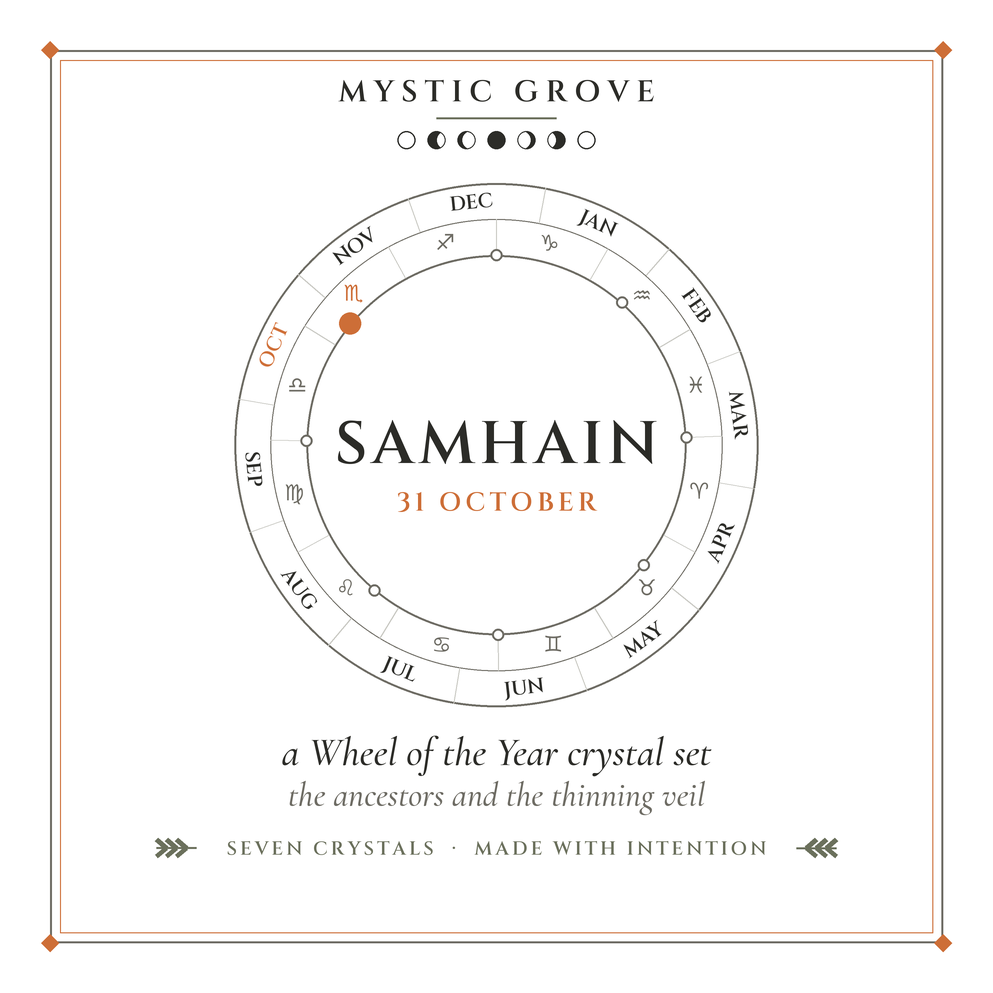 Samhain Wheel of the Year crystal set card Samhain Wheel of the Year crystal set card, front, showing Samhain on 31 October