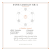 Samhain crystal grid card with obsidian at the centre and six stones around it Samhain crystal grid card with obsidian at the centre and six stones around it