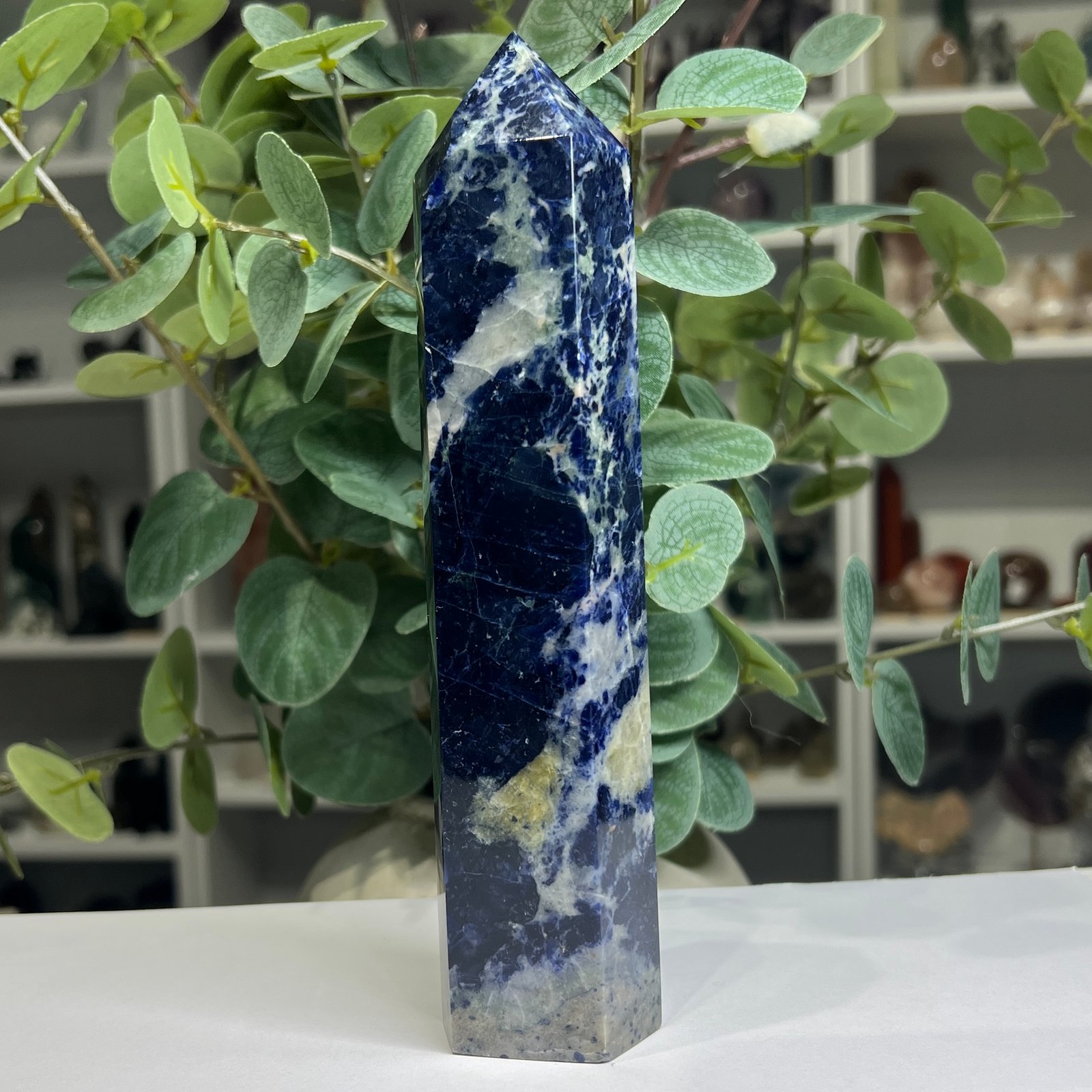 sodalite tower large 19cm 3 Large sodalite tower 19cm, deep blue with white patches and golden cream zones