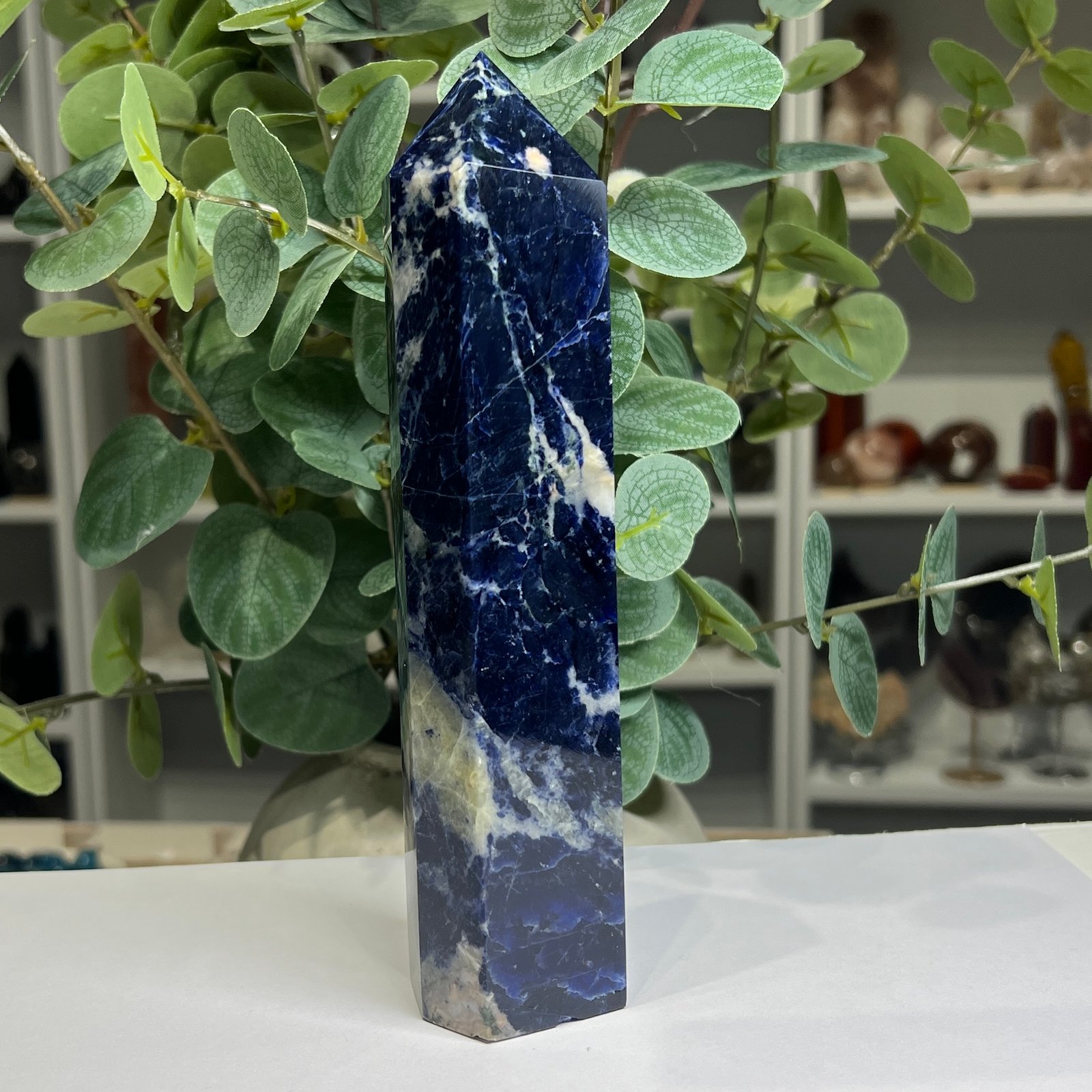 sodalite tower large 19cm Large sodalite tower 19cm, deep royal blue with a sweeping white vein