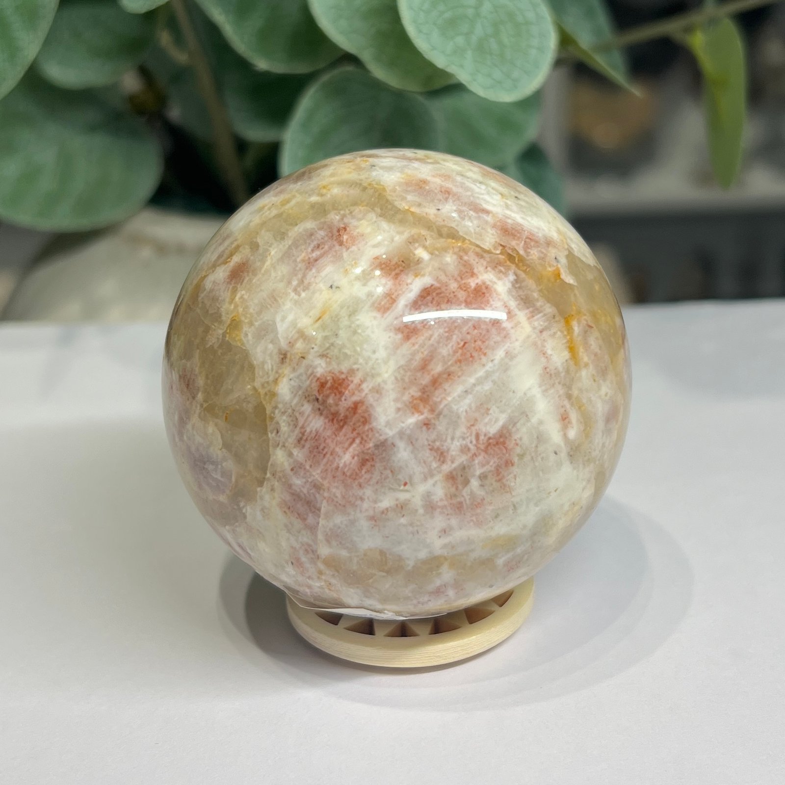 sunstone sphere 6cm 4 Sunstone sphere 6cm, salmon sunstone glowing through milky feldspar